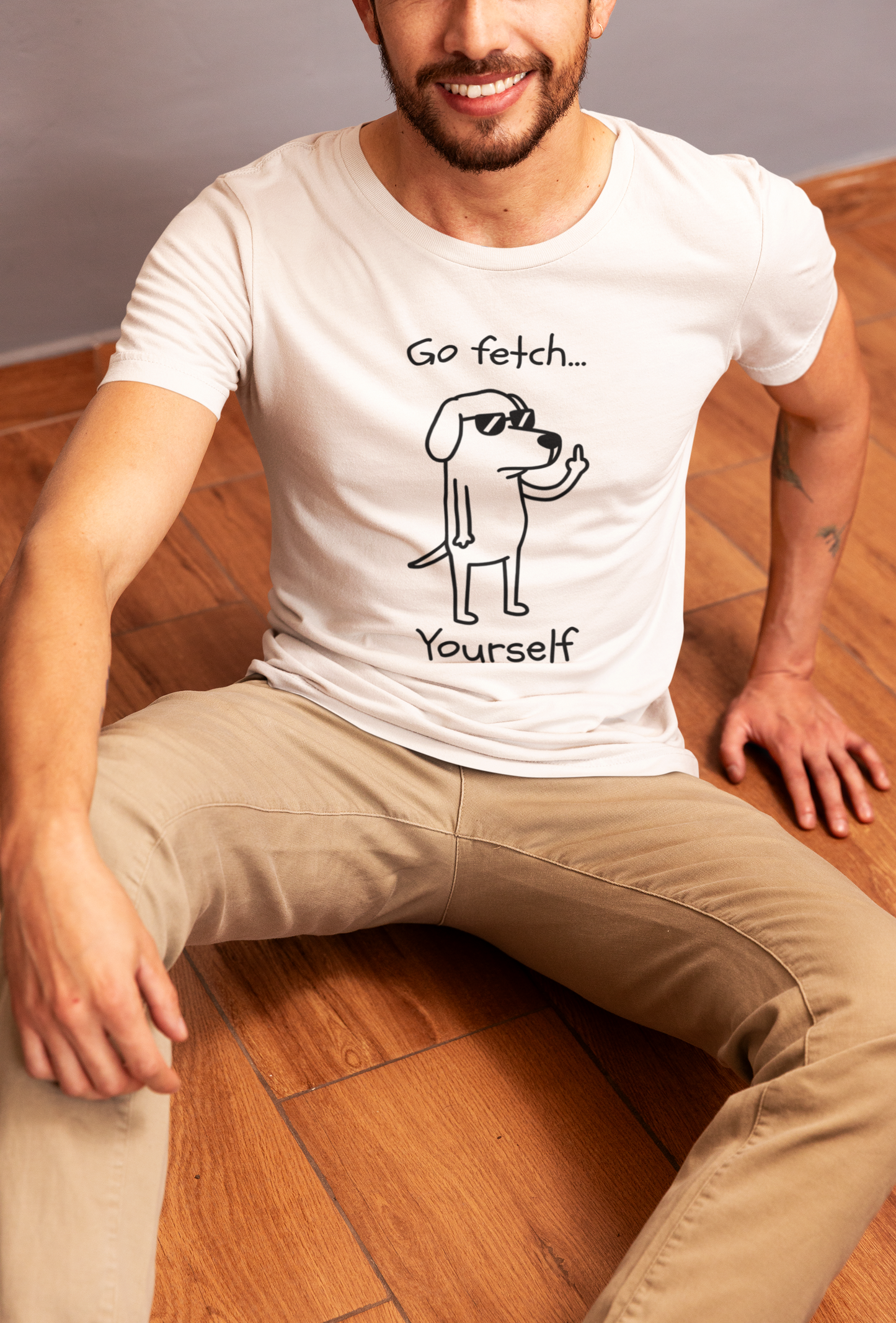 Go Fetch Yourself funny dog lover shirt with sarcastic dog graphic
Sarcastic dog t-shirt for dog moms and dog dads
Funny black dog lover graphic tee with white line art design
Unisex pet parent shirt with Go Fetch Yourself dog quote