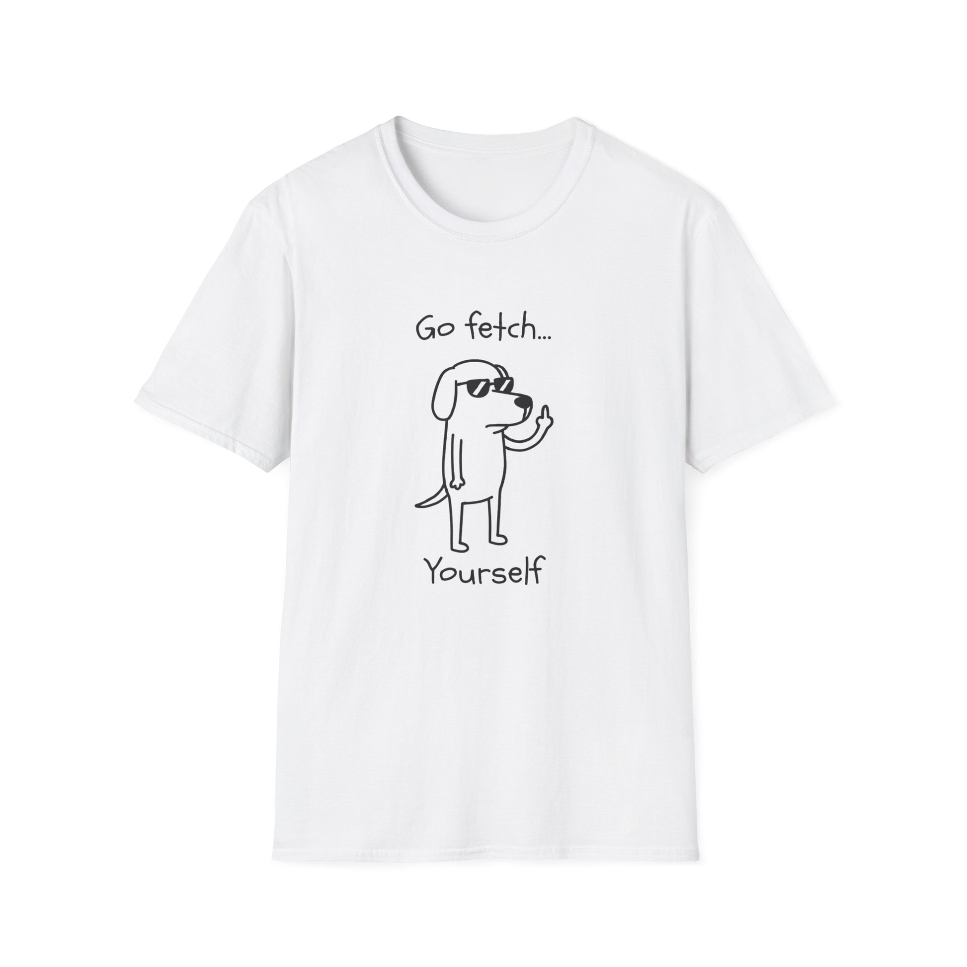 Go Fetch Yourself funny dog lover shirt with sarcastic dog graphic
Sarcastic dog t-shirt for dog moms and dog dads
Funny black dog lover graphic tee with white line art design
Unisex pet parent shirt with Go Fetch Yourself dog quote