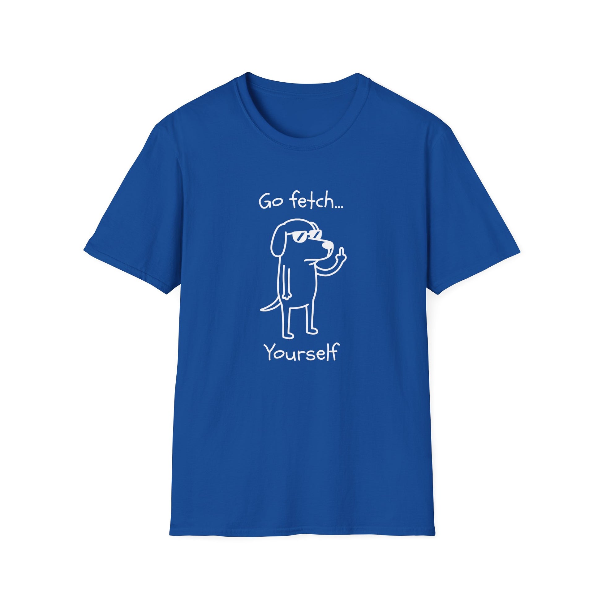 Go Fetch Yourself funny dog lover shirt with sarcastic dog graphic
Sarcastic dog t-shirt for dog moms and dog dads
Funny black dog lover graphic tee with white line art design
Unisex pet parent shirt with Go Fetch Yourself dog quote