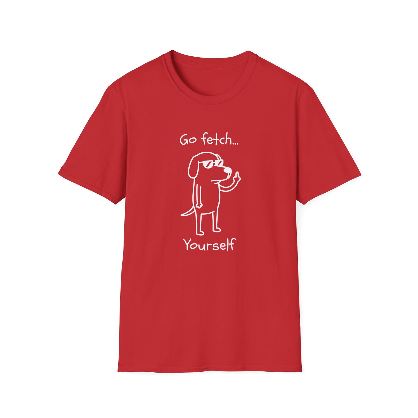 Go Fetch Yourself funny dog lover shirt with sarcastic dog graphic
Sarcastic dog t-shirt for dog moms and dog dads
Funny black dog lover graphic tee with white line art design
Unisex pet parent shirt with Go Fetch Yourself dog quote