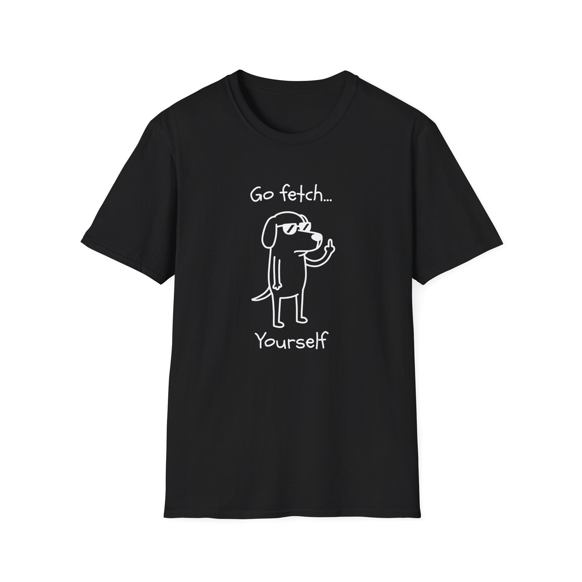 Go Fetch Yourself funny dog lover shirt with sarcastic dog graphic
Sarcastic dog t-shirt for dog moms and dog dads
Funny black dog lover graphic tee with white line art design
Unisex pet parent shirt with Go Fetch Yourself dog quote