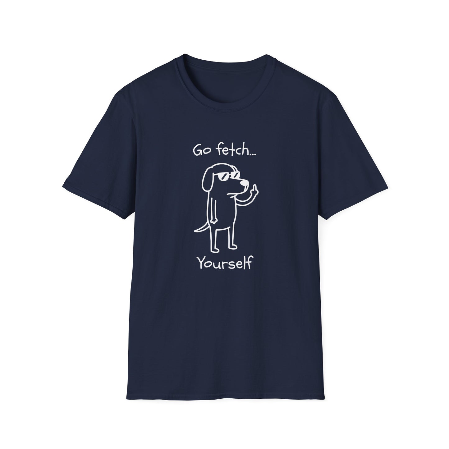 Go Fetch Yourself funny dog lover shirt with sarcastic dog graphic
Sarcastic dog t-shirt for dog moms and dog dads
Funny black dog lover graphic tee with white line art design
Unisex pet parent shirt with Go Fetch Yourself dog quote