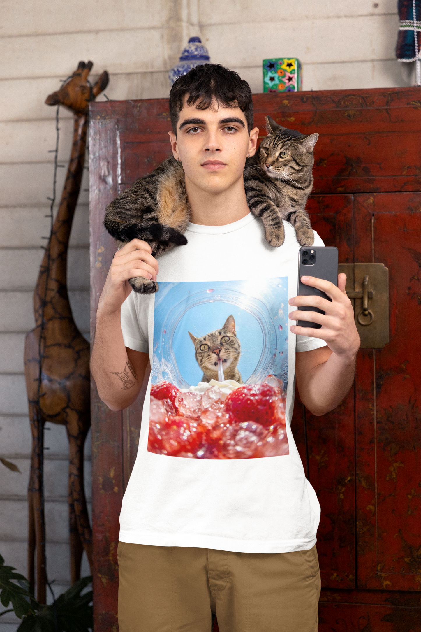 Berry Purrsty funny cat drinking shirt with strawberry drink graphic
Funny cat drinking t-shirt for cat lovers and boba fans
Cute cat graphic tee with wide-eyed cat sipping a drink
Kawaii cat lover shirt with strawberry drink design
Unisex cat t-shirt gift for cat moms and cat dads