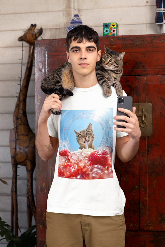 Berry Purrsty funny cat drinking shirt with strawberry drink graphic
Funny cat drinking t-shirt for cat lovers and boba fans
Cute cat graphic tee with wide-eyed cat sipping a drink
Kawaii cat lover shirt with strawberry drink design
Unisex cat t-shirt gift for cat moms and cat dads