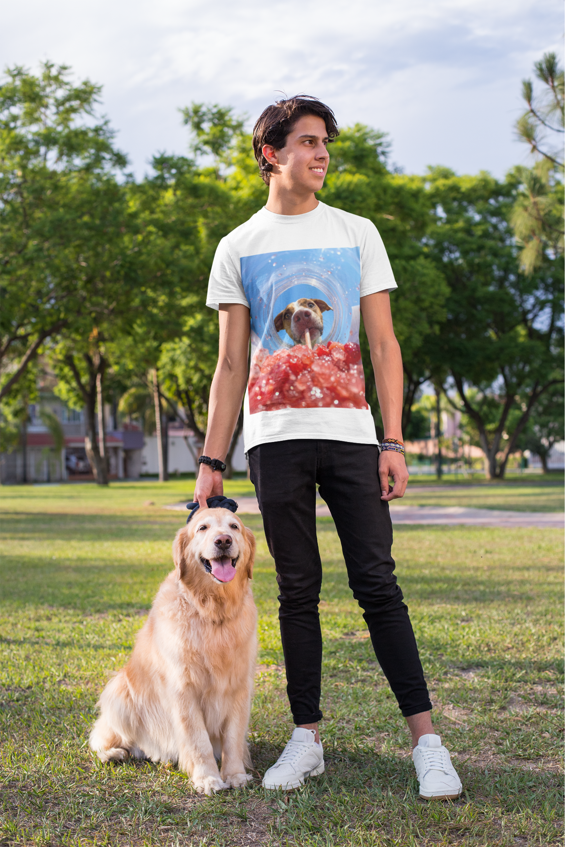 Funny dog drinking shirt with red berry drink graphic
Cute dog lover t-shirt featuring dog sipping through a straw
Summer drink dog graphic tee for dog moms and dog dads
Funny dog shirt with close-up dog and iced drink design
Unisex pet lover gift shirt with dog drinking artwork