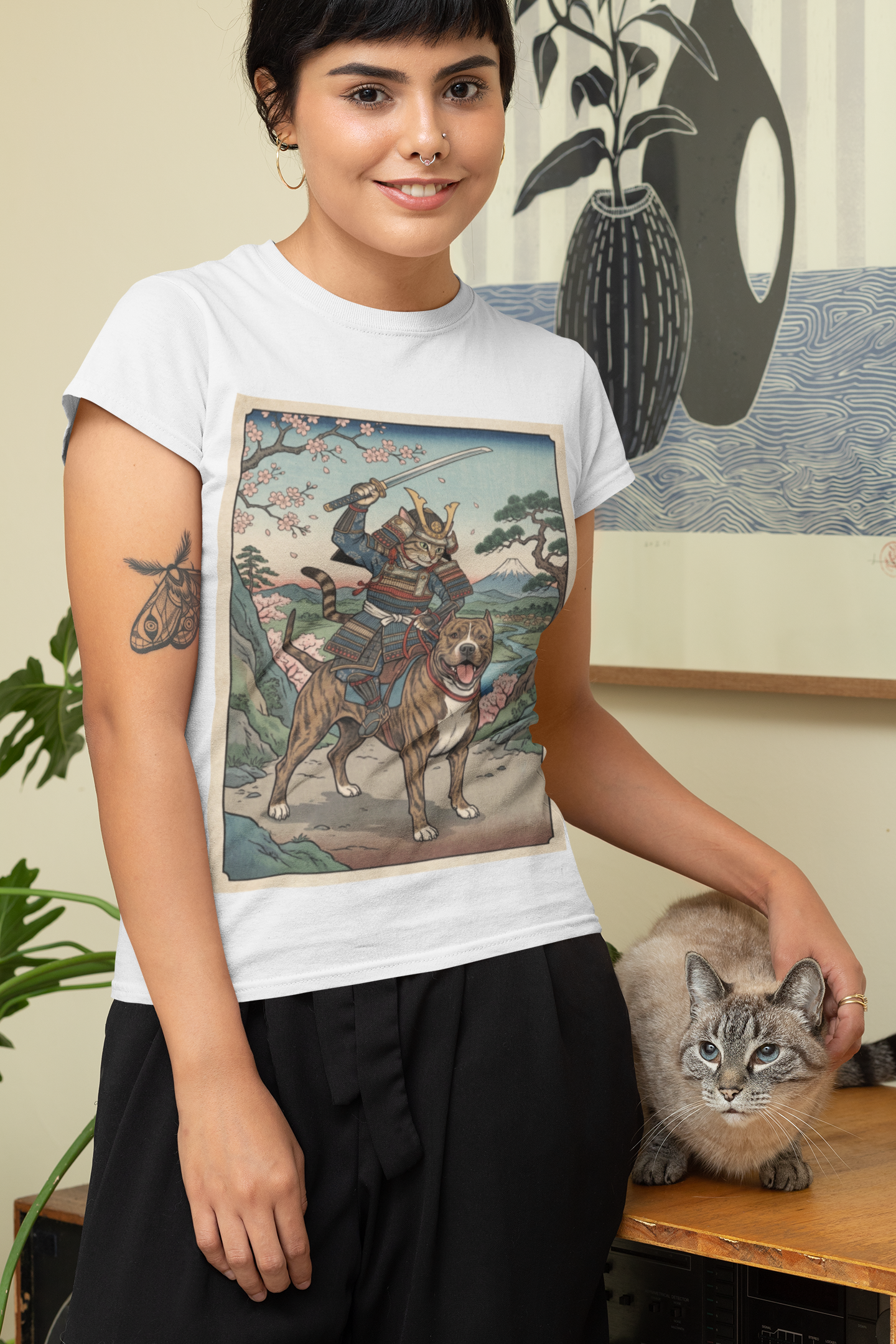 Samurai Cat T-Shirt, Japanese Art Cat Lover Gift, Funny Warrior Cat Graphic Tee, Anime Cat Shirt, Cat Dad Gift