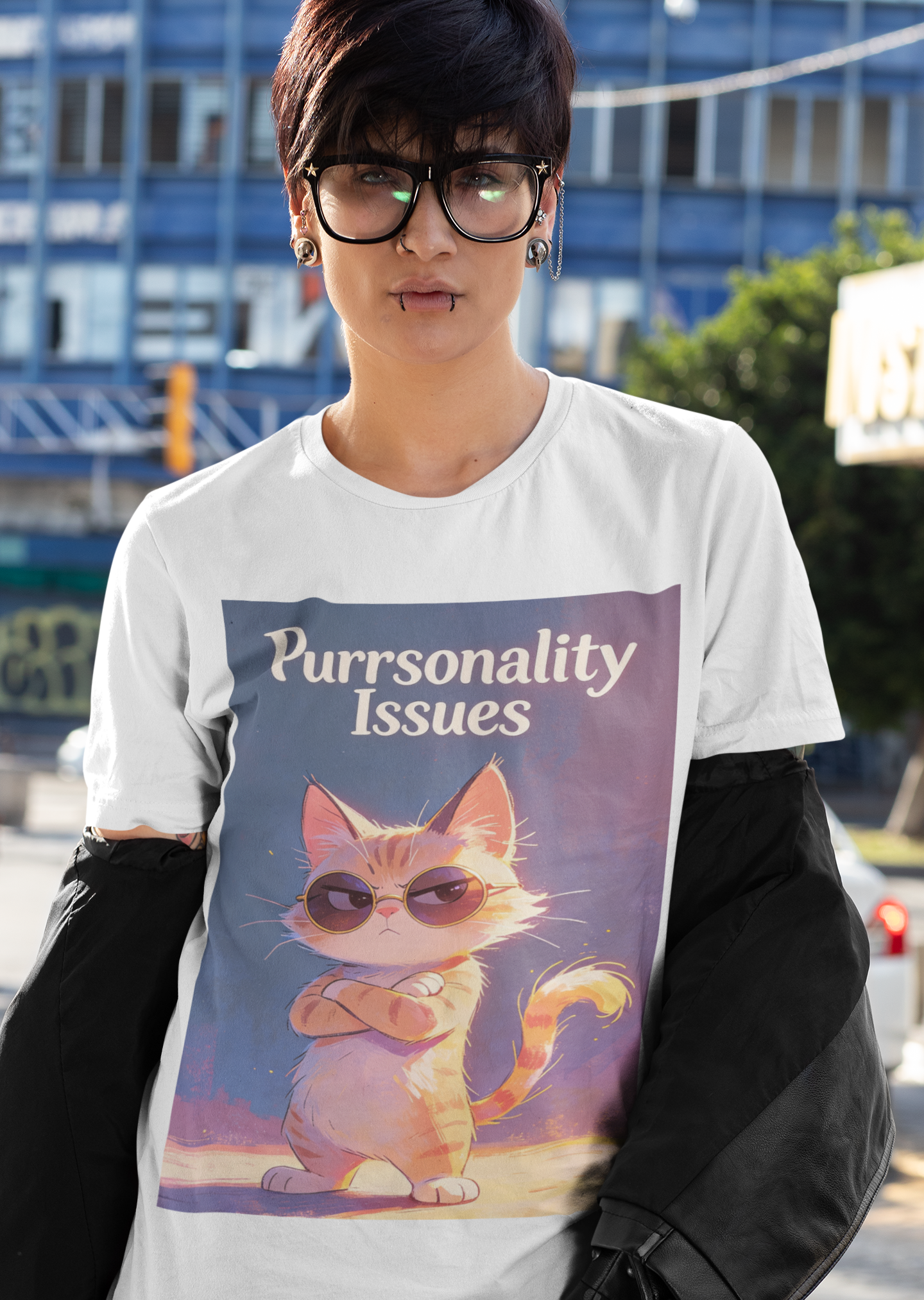 Purrsonality Issues funny cat lover shirt with orange cat in sunglasses
Sassy cat shirt featuring grumpy orange tabby with crossed arms
Funny cat pun t-shirt gift for cat moms and cat dads
Cat attitude shirt with sunglasses cat graphic
Unisex cat lover tee with Purrsonality Issues design