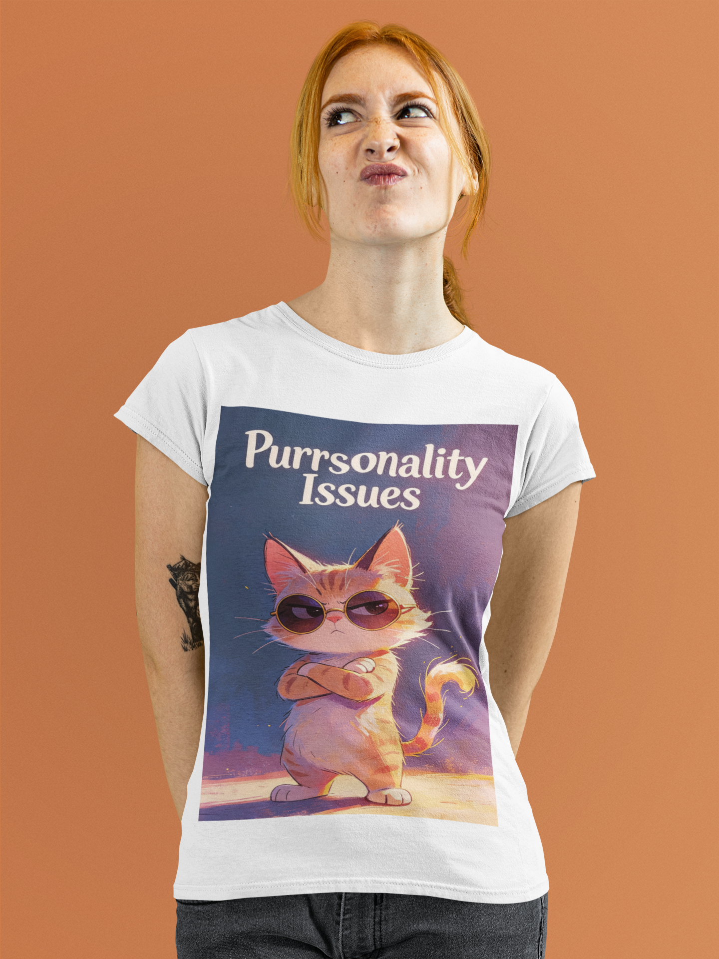 Purrsonality Issues funny cat lover shirt with orange cat in sunglasses
Sassy cat shirt featuring grumpy orange tabby with crossed arms
Funny cat pun t-shirt gift for cat moms and cat dads
Cat attitude shirt with sunglasses cat graphic
Unisex cat lover tee with Purrsonality Issues design