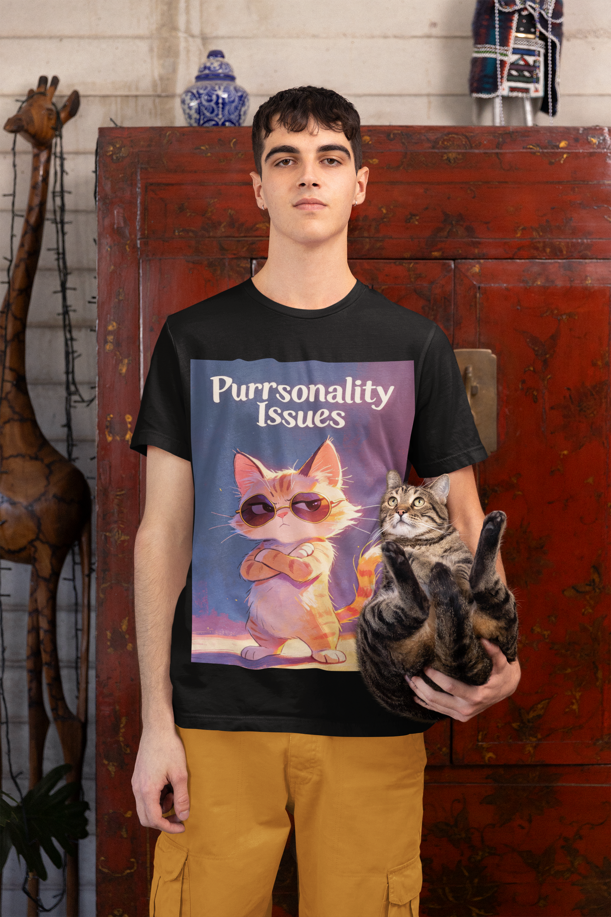 Purrsonality Issues funny cat lover shirt with orange cat in sunglasses
Sassy cat shirt featuring grumpy orange tabby with crossed arms
Funny cat pun t-shirt gift for cat moms and cat dads
Cat attitude shirt with sunglasses cat graphic
Unisex cat lover tee with Purrsonality Issues design
