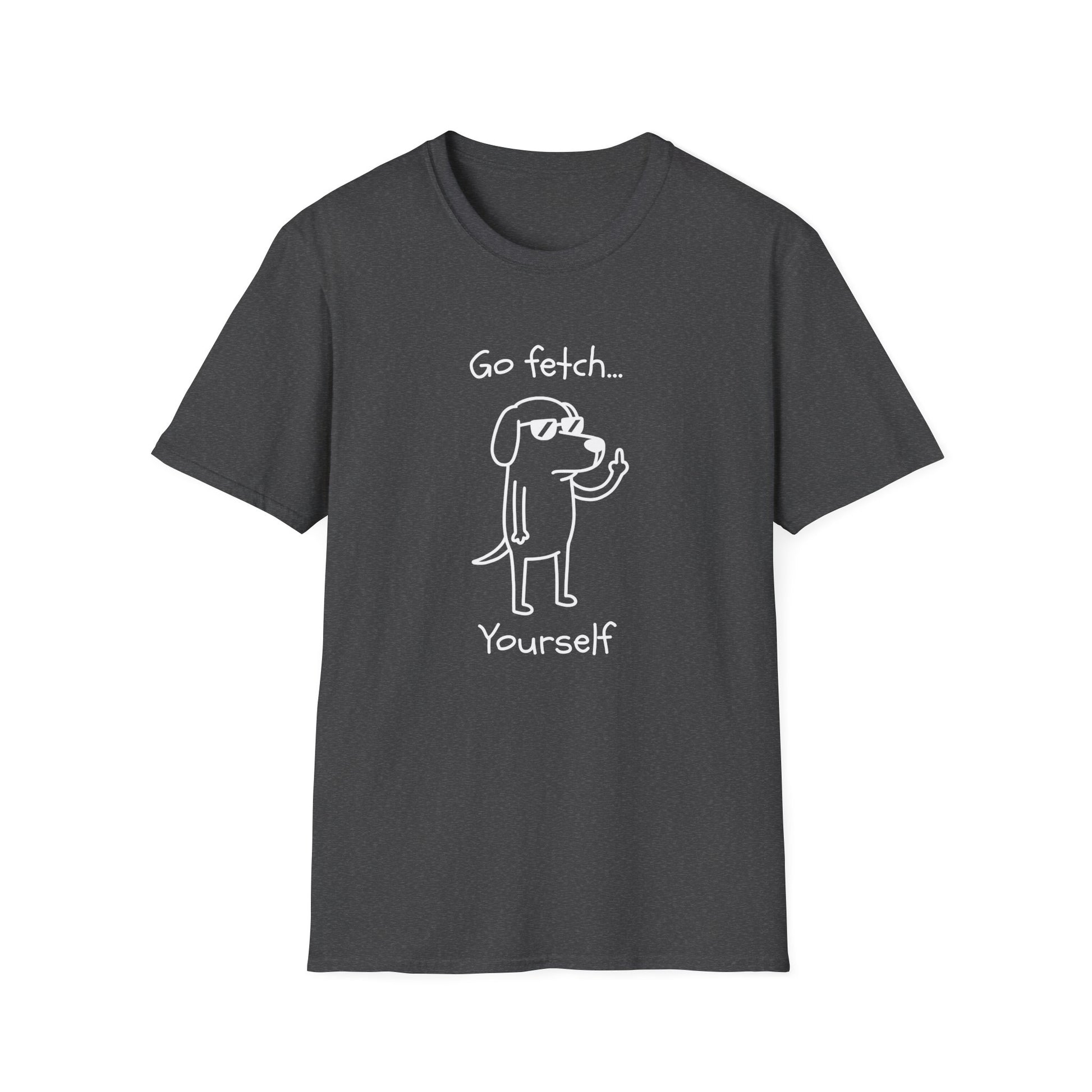 Go Fetch Yourself funny dog lover shirt with sarcastic dog graphic
Sarcastic dog t-shirt for dog moms and dog dads
Funny black dog lover graphic tee with white line art design
Unisex pet parent shirt with Go Fetch Yourself dog quote