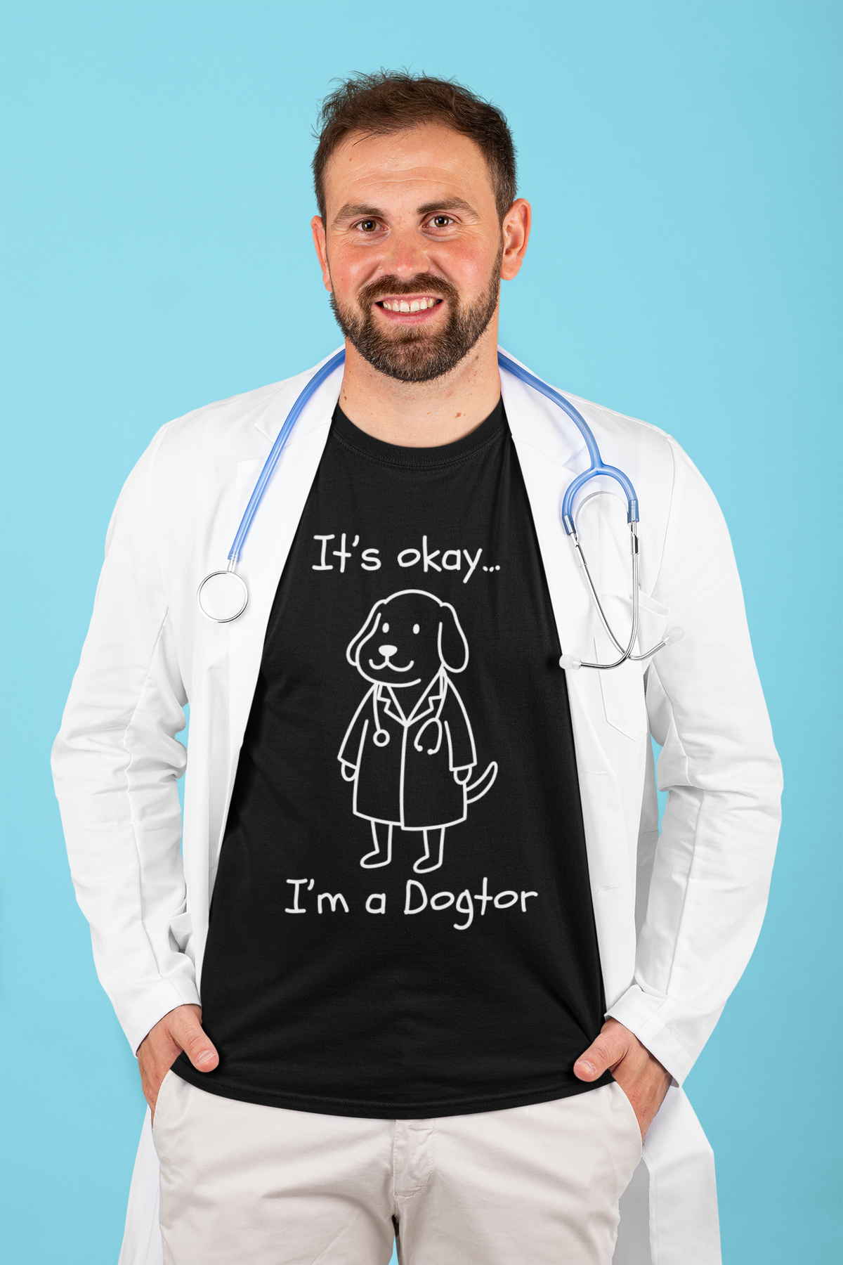 It’s Okay I’m a Dogtor shirt with cute dog doctor graphic
Funny Dogtor shirt for veterinarians and vet techs
Dog doctor t-shirt gift for dog lovers and pet parents
Unisex veterinarian humor tee with black and white dog design
Vet student gift shirt with cute dog in doctor coat