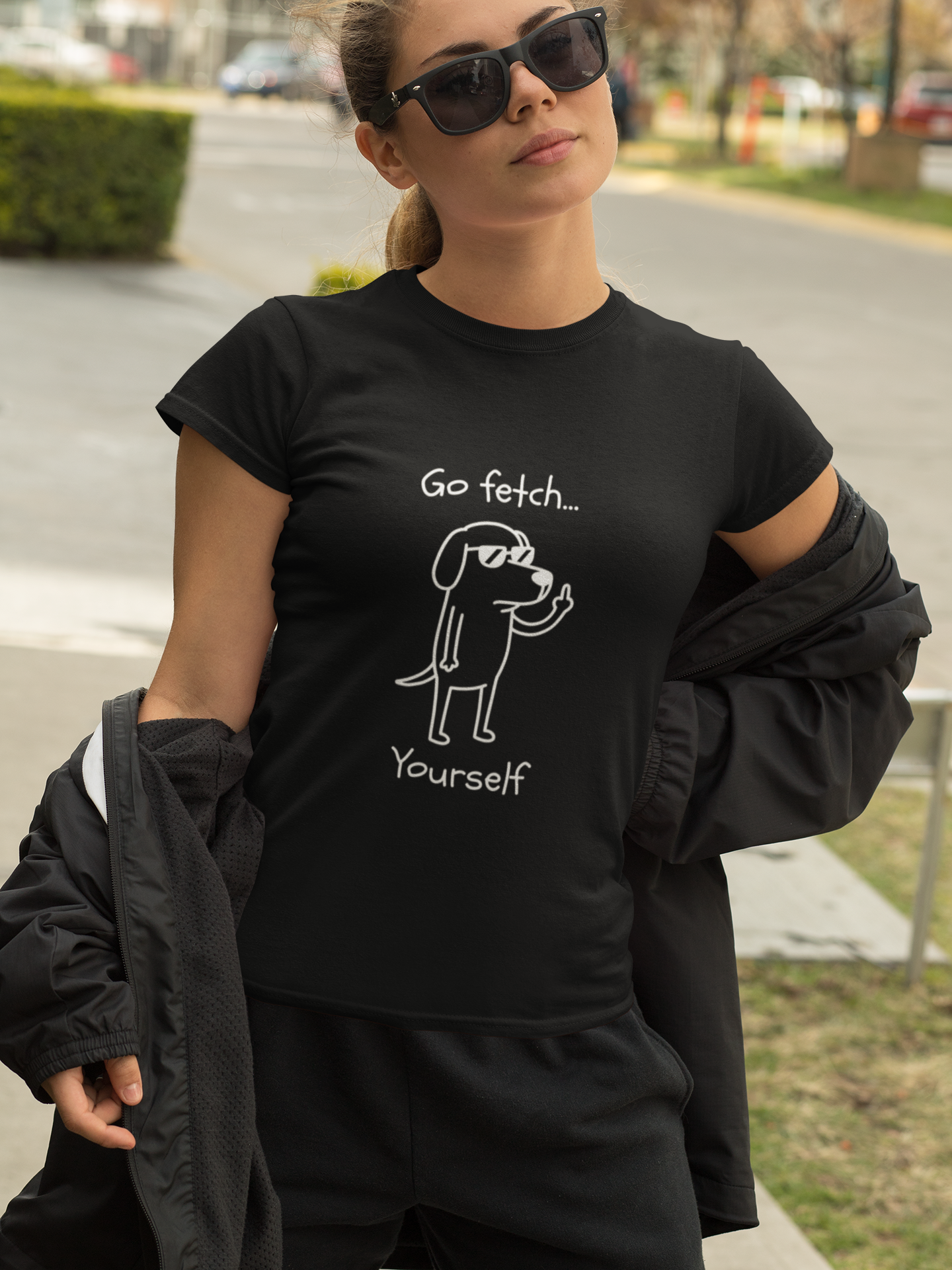 Go Fetch Yourself funny dog lover shirt with sarcastic dog graphic
Sarcastic dog t-shirt for dog moms and dog dads
Funny black dog lover graphic tee with white line art design
Unisex pet parent shirt with Go Fetch Yourself dog quote
