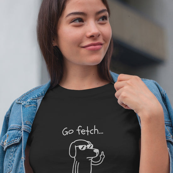 Go Fetch Yourself funny dog lover shirt with sarcastic dog graphic
Sarcastic dog t-shirt for dog moms and dog dads
Funny black dog lover graphic tee with white line art design
Unisex pet parent shirt with Go Fetch Yourself dog quote