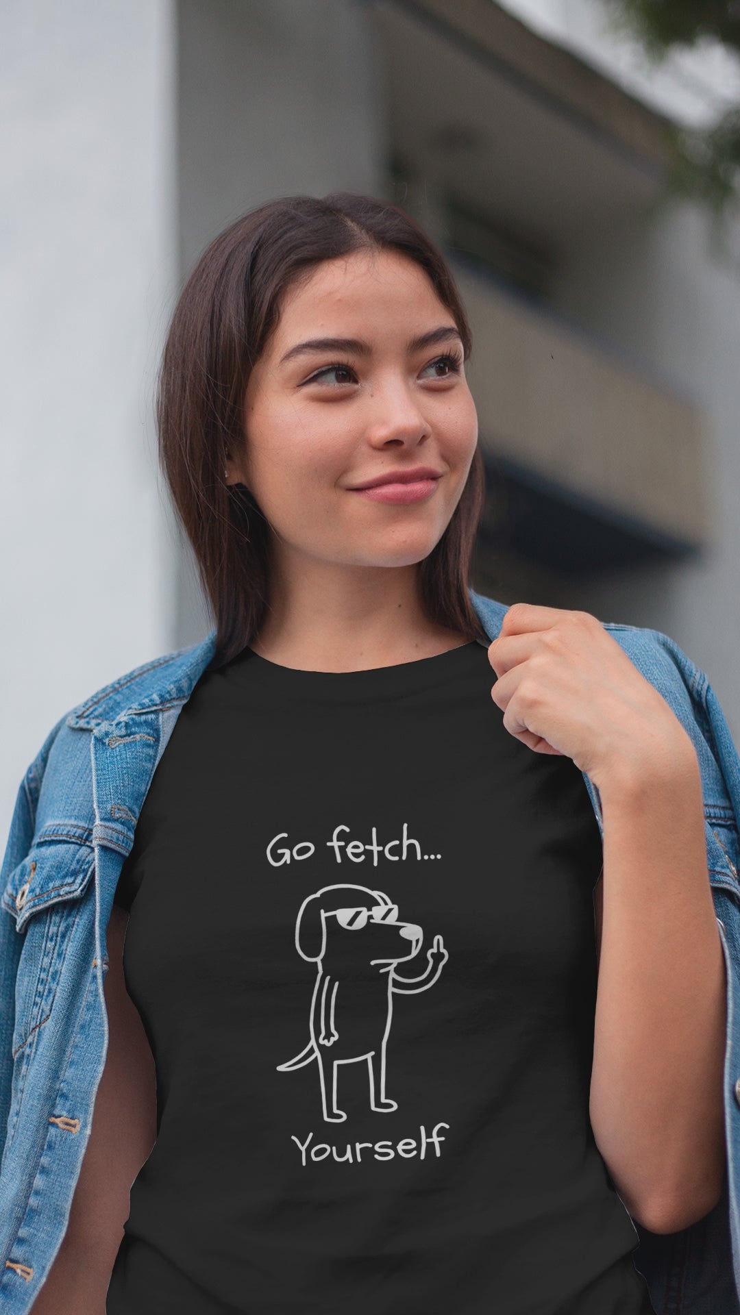 Go Fetch Yourself funny dog lover shirt with sarcastic dog graphic
Sarcastic dog t-shirt for dog moms and dog dads
Funny black dog lover graphic tee with white line art design
Unisex pet parent shirt with Go Fetch Yourself dog quote
