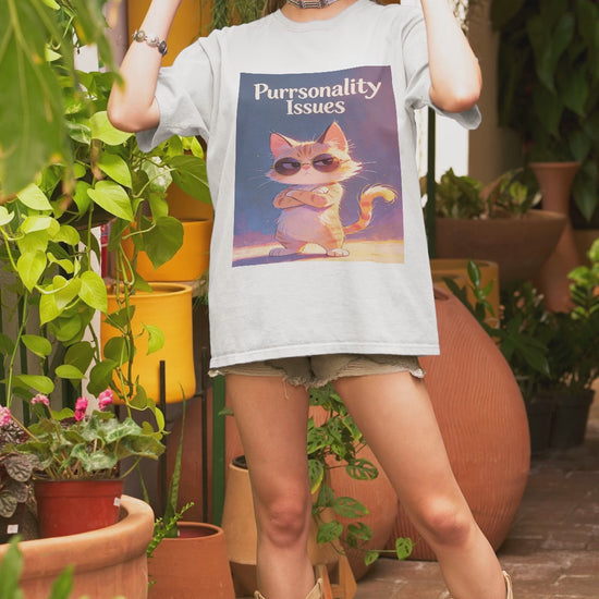 Purrsonality Issues funny cat lover shirt with orange cat in sunglasses
Sassy cat shirt featuring grumpy orange tabby with crossed arms
Funny cat pun t-shirt gift for cat moms and cat dads
Cat attitude shirt with sunglasses cat graphic
Unisex cat lover tee with Purrsonality Issues design